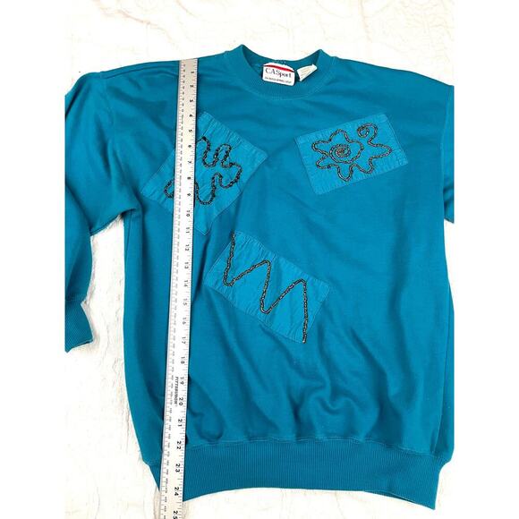 VTG Pullover Sweater MEDIUM Blue Satin Patches Sweatshirt CA Sport Women's - Picture 8 of 13